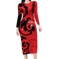 New Zealand Matariki Family Matching Long Sleeve Bodycon Dress and Hawaiian Shirt Maori New Year Koru Pattern LT22 Mom's Dress Red - Polynesian Pride