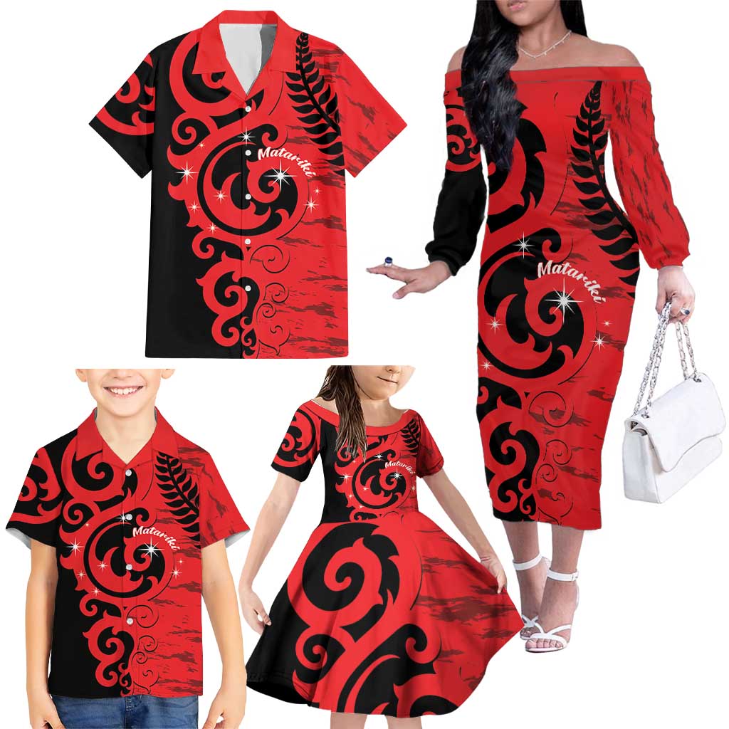 New Zealand Matariki Family Matching Off The Shoulder Long Sleeve Dress and Hawaiian Shirt Maori New Year Koru Pattern LT22 - Polynesian Pride