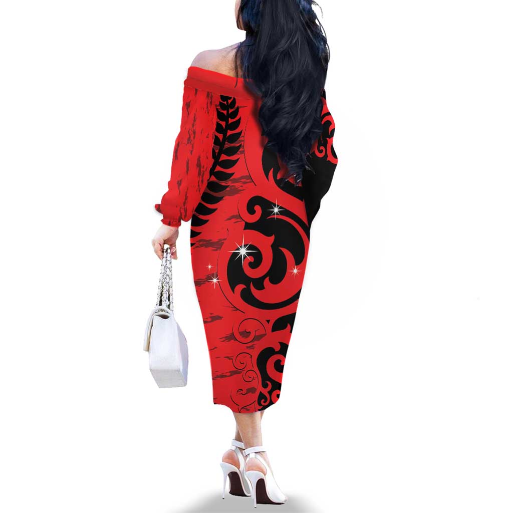 New Zealand Matariki Family Matching Off The Shoulder Long Sleeve Dress and Hawaiian Shirt Maori New Year Koru Pattern LT22 - Polynesian Pride