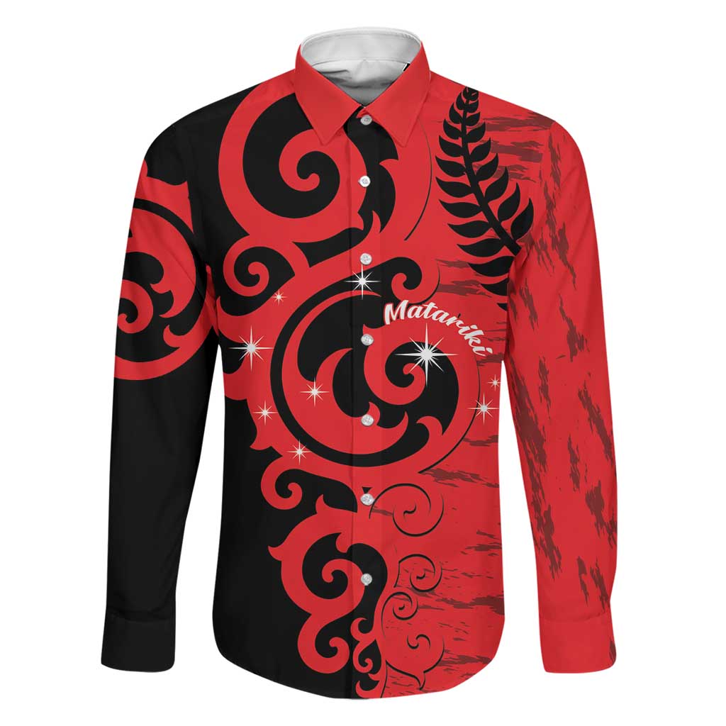 New Zealand Matariki Family Matching Off Shoulder Short Dress and Hawaiian Shirt Maori New Year Koru Pattern LT22 Dad's Shirt - Long Sleeve Red - Polynesian Pride