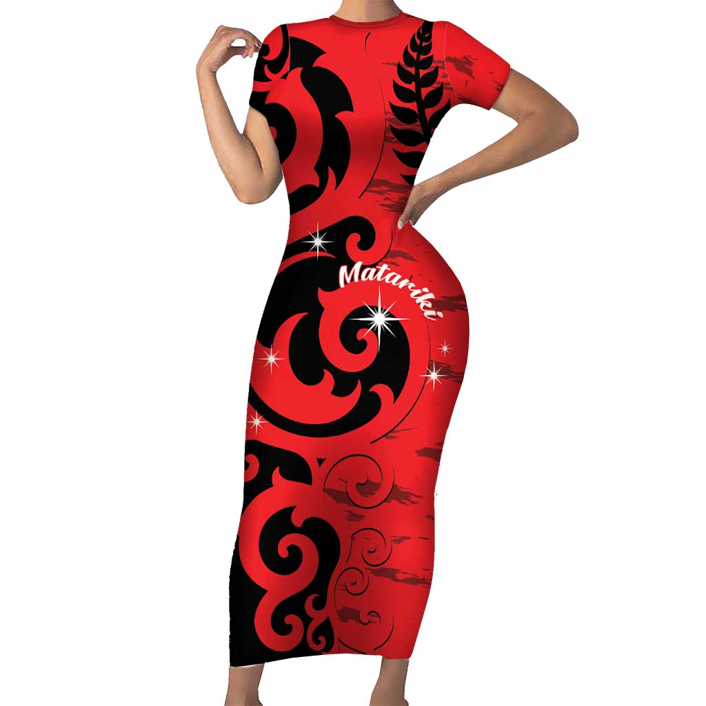 New Zealand Matariki Family Matching Short Sleeve Bodycon Dress and Hawaiian Shirt Maori New Year Koru Pattern LT22 Mom's Dress Red - Polynesian Pride