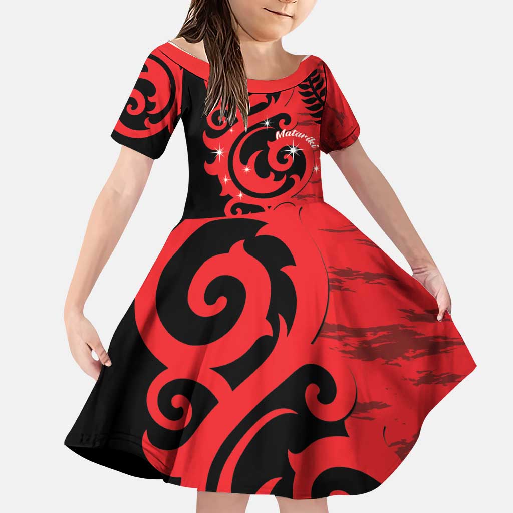 New Zealand Matariki Family Matching Tank Maxi Dress and Hawaiian Shirt Maori New Year Koru Pattern LT22 Daughter's Dress Red - Polynesian Pride