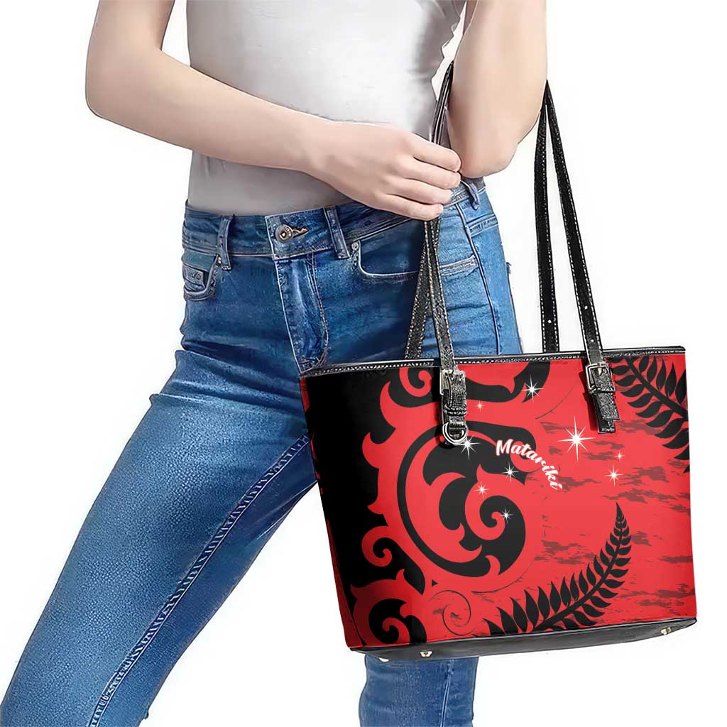 New Zealand Matariki Leather Tote Bag Maori New Year Koru Pattern
