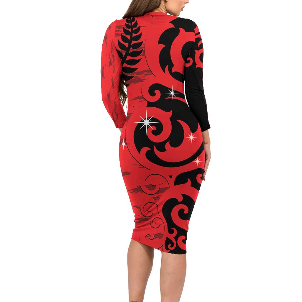 New Zealand Matariki Long Sleeve Bodycon Dress Maori New Year Koru Pattern