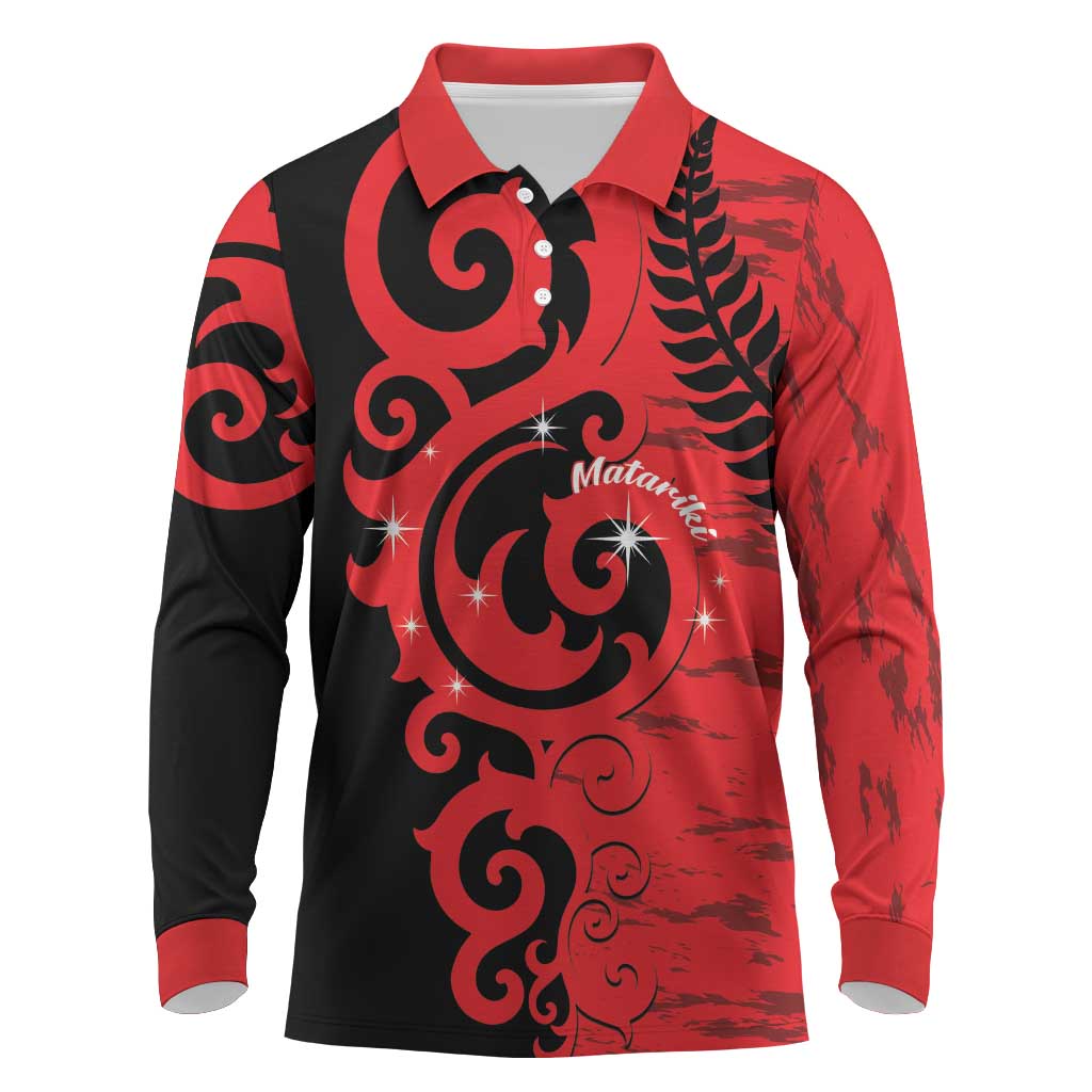 New Zealand Matariki Long Sleeve Polo Shirt Maori New Year Koru Pattern