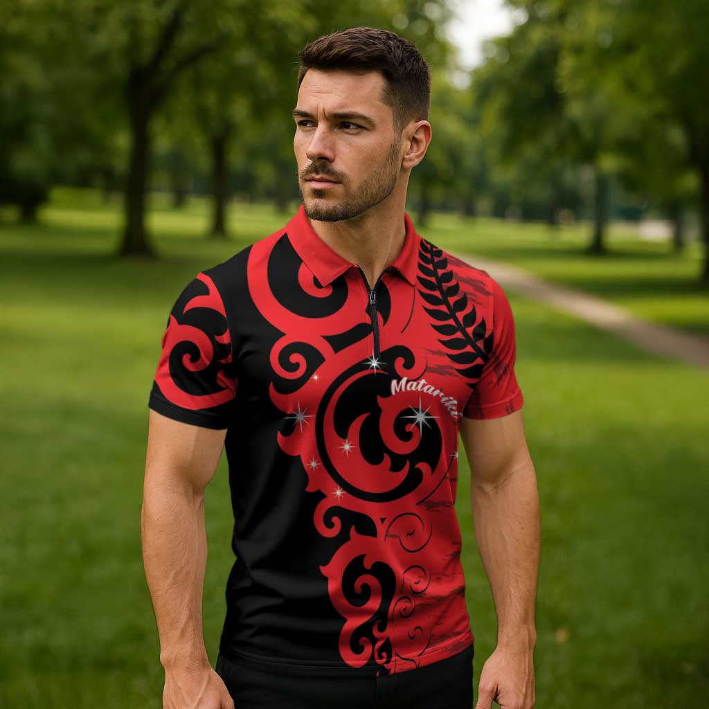 New Zealand Matariki Zipper Polo Shirt Maori New Year Koru Pattern