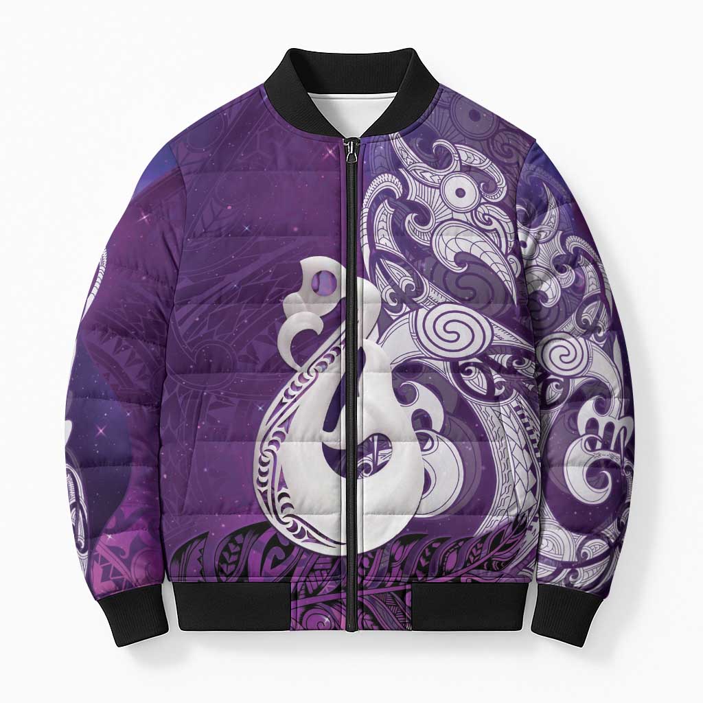 New Zealand Matariki Bomber Puffer Jacket Maori Manaia Galaxy Silver Fern Purple Color LT22 Unisex Purple - Polynesian Pride