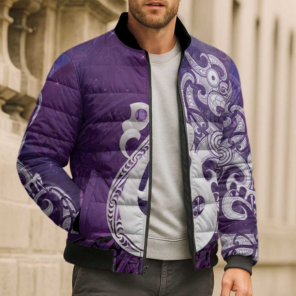 New Zealand Matariki Bomber Puffer Jacket Maori Manaia Galaxy Silver Fern Purple Color LT22 - Polynesian Pride