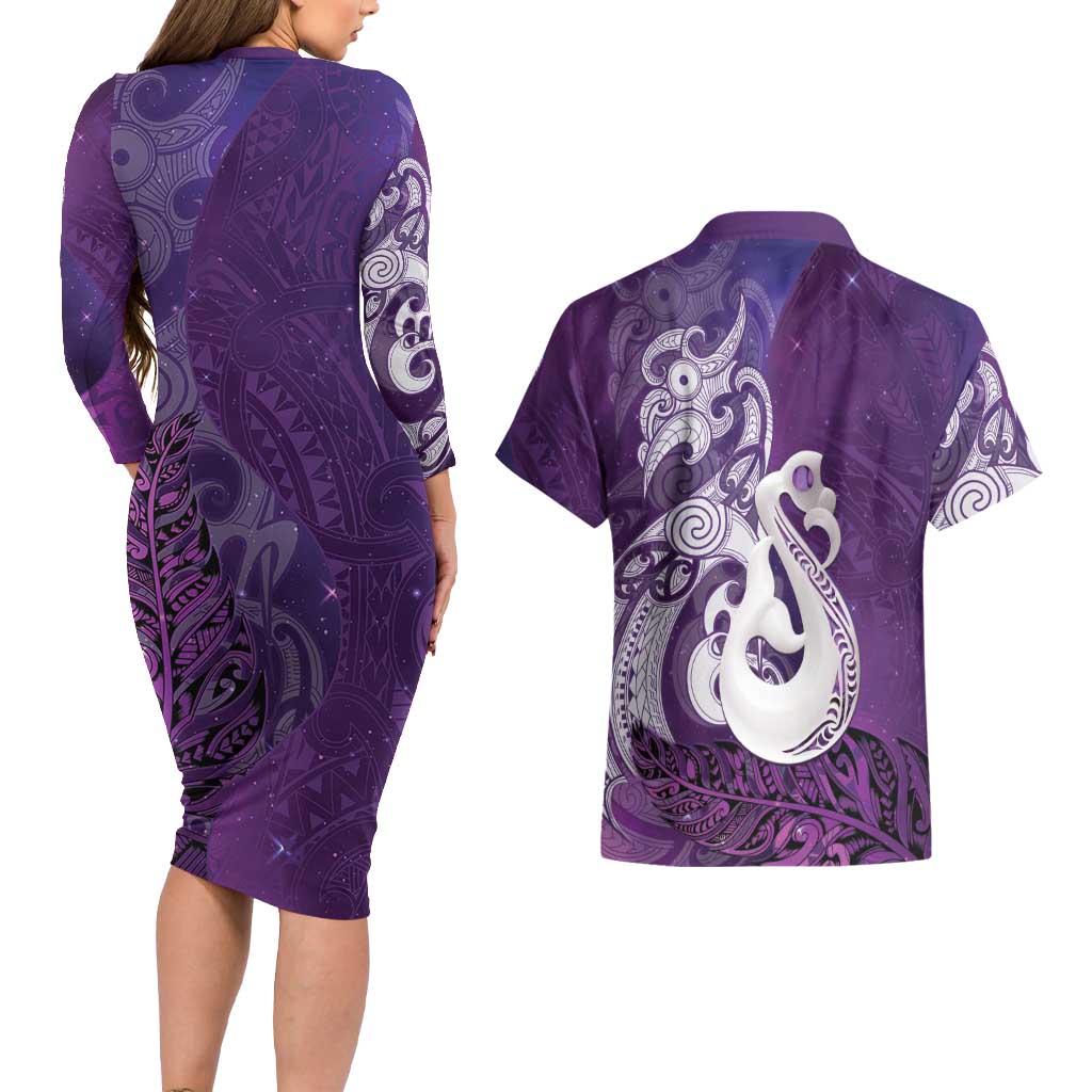 New Zealand Matariki Couples Matching Long Sleeve Bodycon Dress and Hawaiian Shirt Maori Manaia Galaxy Silver Fern Purple Color LT22 - Polynesian Pride