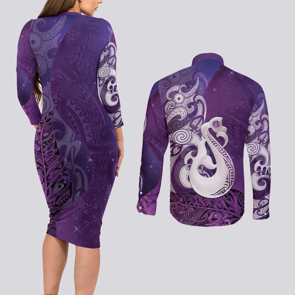 New Zealand Matariki Couples Matching Long Sleeve Bodycon Dress and Long Sleeve Button Shirt Maori Manaia Galaxy Silver Fern Purple Color LT22 - Polynesian Pride