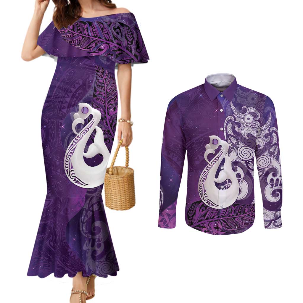 New Zealand Matariki Couples Matching Mermaid Dress and Long Sleeve Button Shirt Maori Manaia Galaxy Silver Fern Purple Color LT22 Purple - Polynesian Pride
