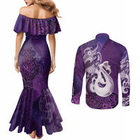 New Zealand Matariki Couples Matching Mermaid Dress and Long Sleeve Button Shirt Maori Manaia Galaxy Silver Fern Purple Color LT22 - Polynesian Pride