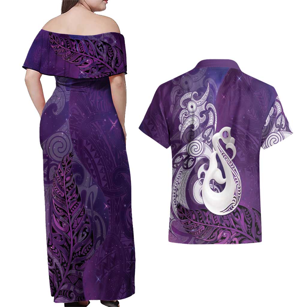 New Zealand Matariki Couples Matching Off Shoulder Maxi Dress and Hawaiian Shirt Maori Manaia Galaxy Silver Fern Purple Color LT22 - Polynesian Pride