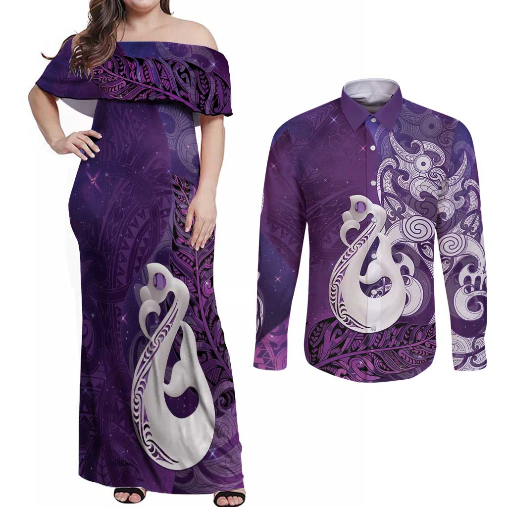 New Zealand Matariki Couples Matching Off Shoulder Maxi Dress and Long Sleeve Button Shirt Maori Manaia Galaxy Silver Fern Purple Color LT22 Purple - Polynesian Pride