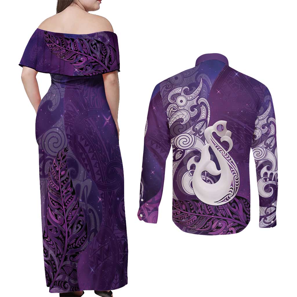 New Zealand Matariki Couples Matching Off Shoulder Maxi Dress and Long Sleeve Button Shirt Maori Manaia Galaxy Silver Fern Purple Color LT22 - Polynesian Pride
