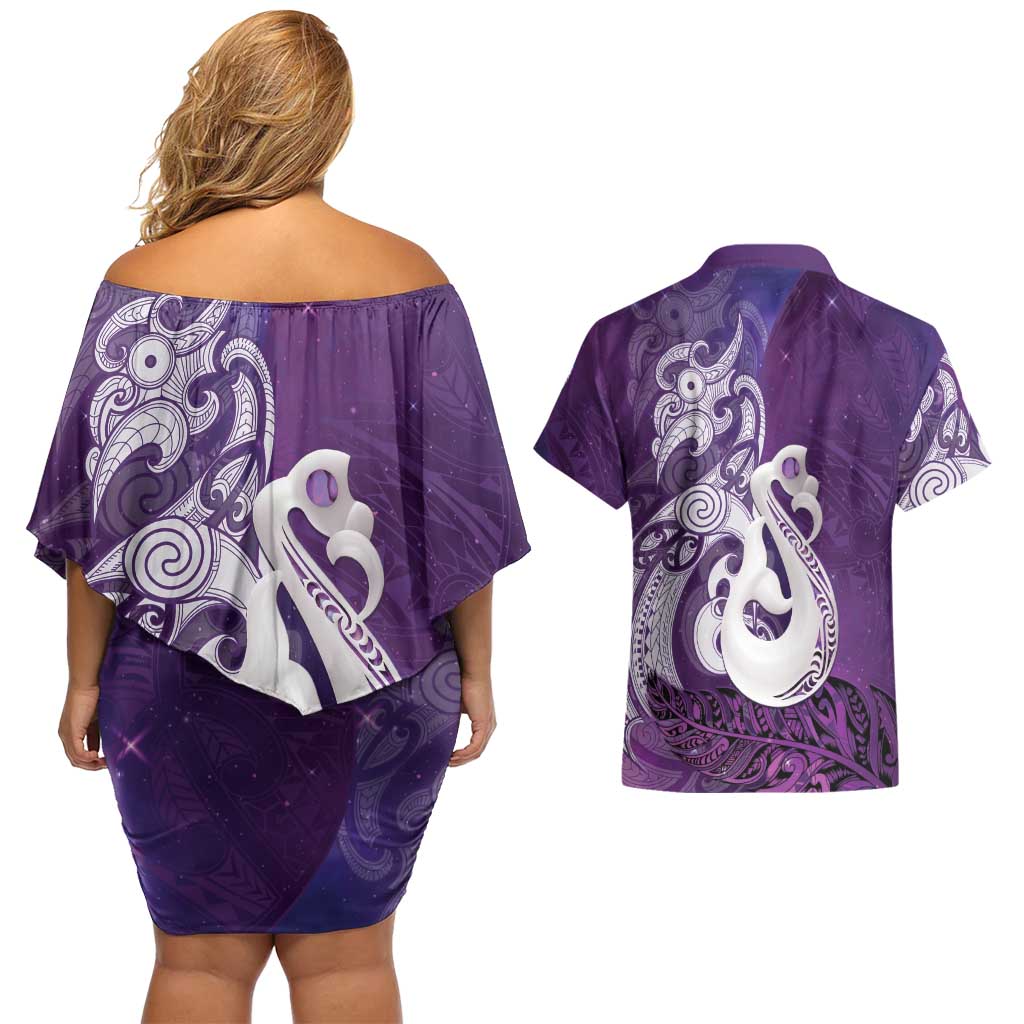 New Zealand Matariki Couples Matching Off Shoulder Short Dress and Hawaiian Shirt Maori Manaia Galaxy Silver Fern Purple Color LT22 - Polynesian Pride