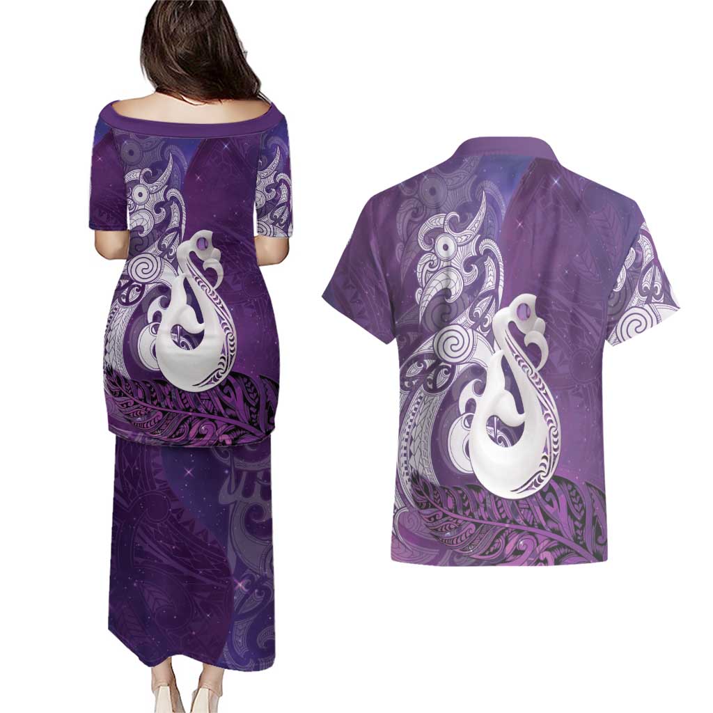 New Zealand Matariki Couples Matching Puletasi and Hawaiian Shirt Maori Manaia Galaxy Silver Fern Purple Color LT22 - Polynesian Pride