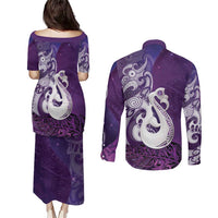 New Zealand Matariki Couples Matching Puletasi and Long Sleeve Button Shirt Maori Manaia Galaxy Silver Fern Purple Color LT22 - Polynesian Pride