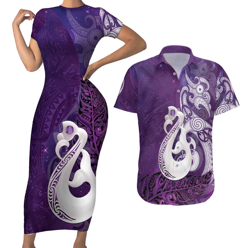 New Zealand Matariki Couples Matching Short Sleeve Bodycon Dress and Hawaiian Shirt Maori Manaia Galaxy Silver Fern Purple Color LT22 Purple - Polynesian Pride