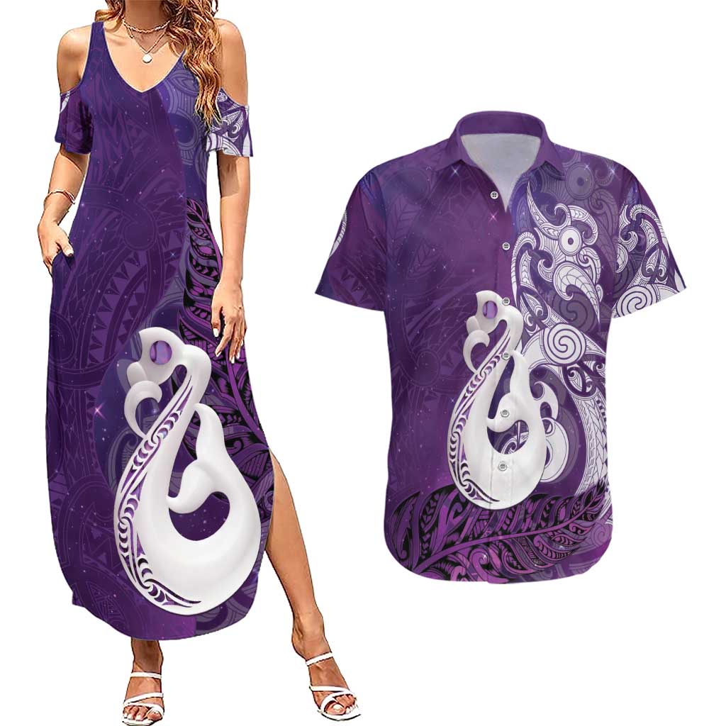 New Zealand Matariki Couples Matching Summer Maxi Dress and Hawaiian Shirt Maori Manaia Galaxy Silver Fern Purple Color