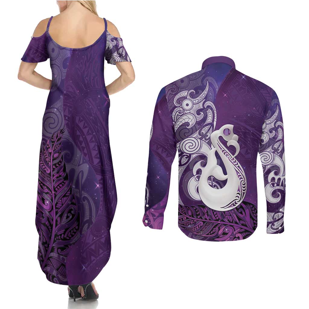 New Zealand Matariki Couples Matching Summer Maxi Dress and Long Sleeve Button Shirt Maori Manaia Galaxy Silver Fern Purple Color LT22 - Polynesian Pride