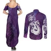 New Zealand Matariki Couples Matching Summer Maxi Dress and Long Sleeve Button Shirt Maori Manaia Galaxy Silver Fern Purple Color LT22 - Polynesian Pride