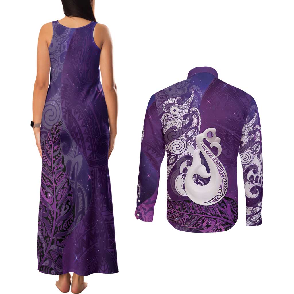 New Zealand Matariki Couples Matching Tank Maxi Dress and Long Sleeve Button Shirt Maori Manaia Galaxy Silver Fern Purple Color LT22 - Polynesian Pride
