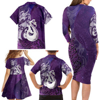 New Zealand Matariki Family Matching Long Sleeve Bodycon Dress and Hawaiian Shirt Maori Manaia Galaxy Silver Fern Purple Color LT22 - Polynesian Pride