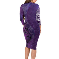 New Zealand Matariki Family Matching Long Sleeve Bodycon Dress and Hawaiian Shirt Maori Manaia Galaxy Silver Fern Purple Color LT22 - Polynesian Pride