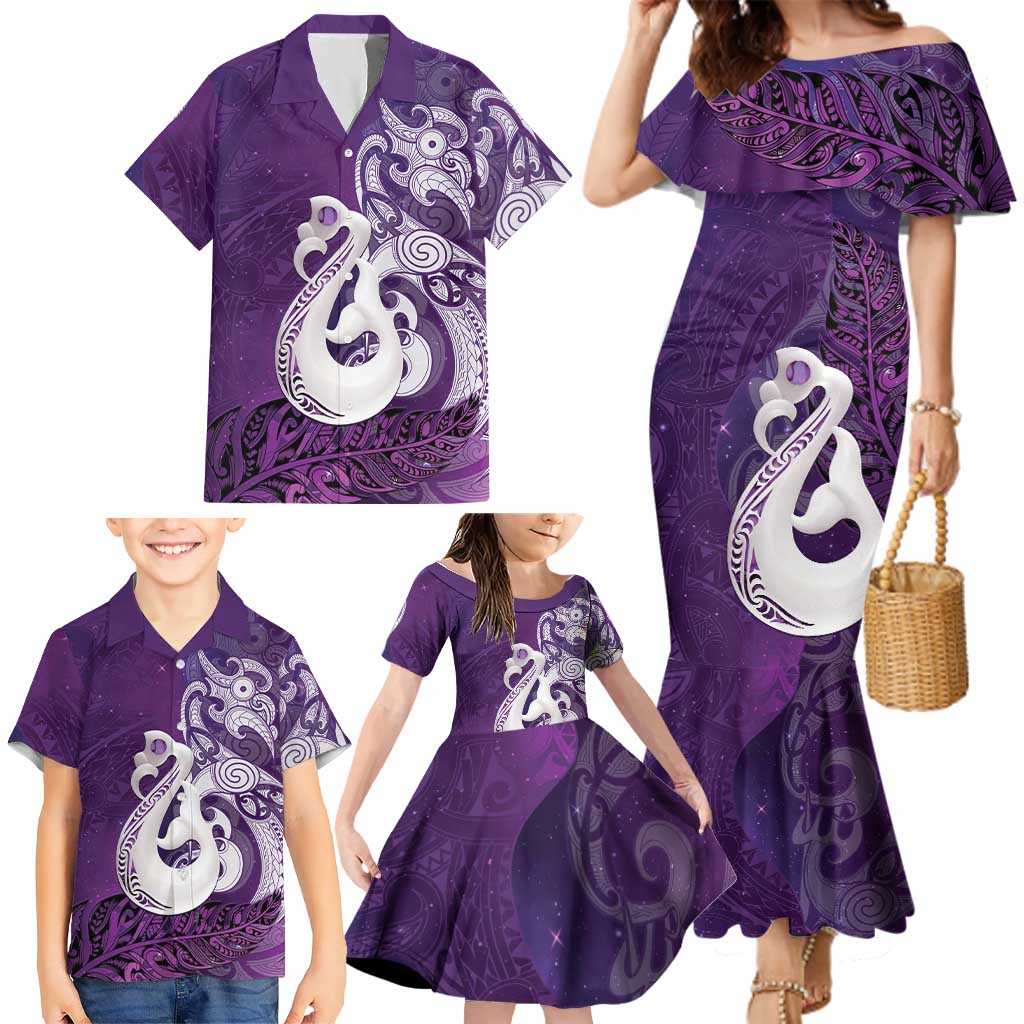 New Zealand Matariki Family Matching Mermaid Dress and Hawaiian Shirt Maori Manaia Galaxy Silver Fern Purple Color