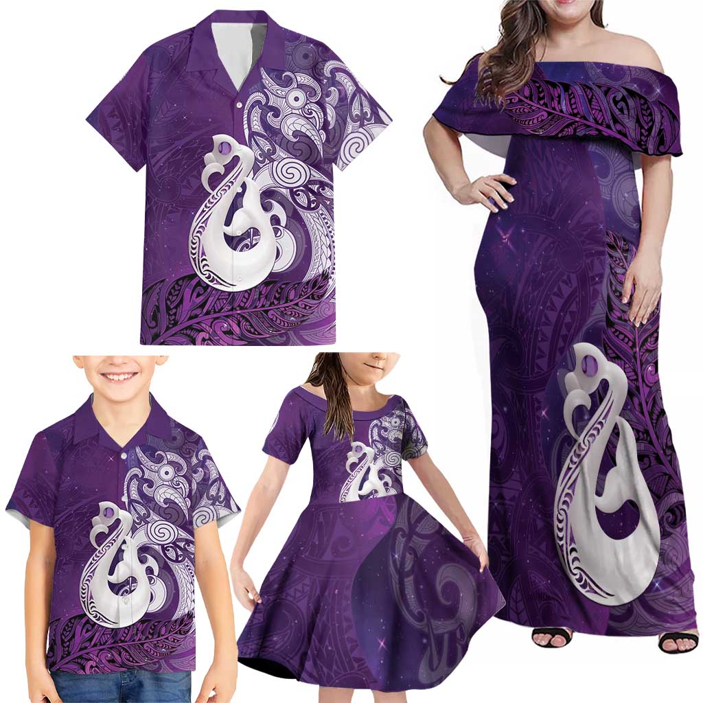 New Zealand Matariki Family Matching Off Shoulder Maxi Dress and Hawaiian Shirt Maori Manaia Galaxy Silver Fern Purple Color LT22 - Polynesian Pride
