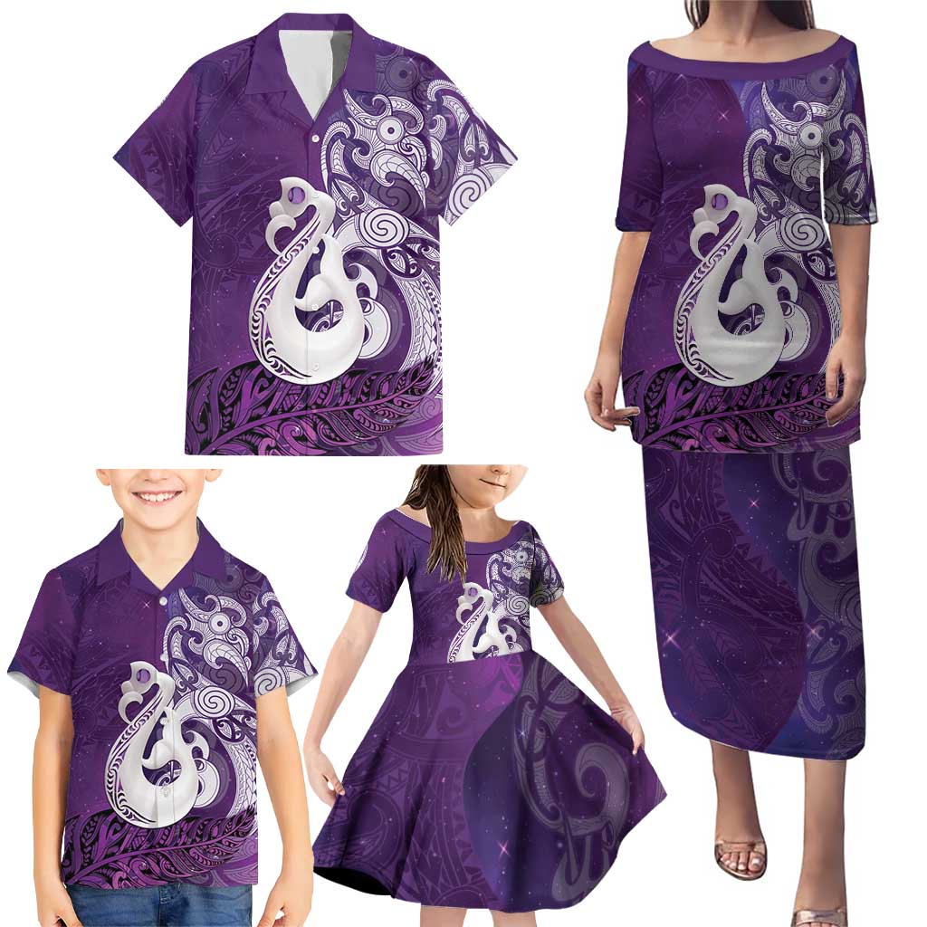 New Zealand Matariki Family Matching Puletasi and Hawaiian Shirt Maori Manaia Galaxy Silver Fern Purple Color LT22 - Polynesian Pride