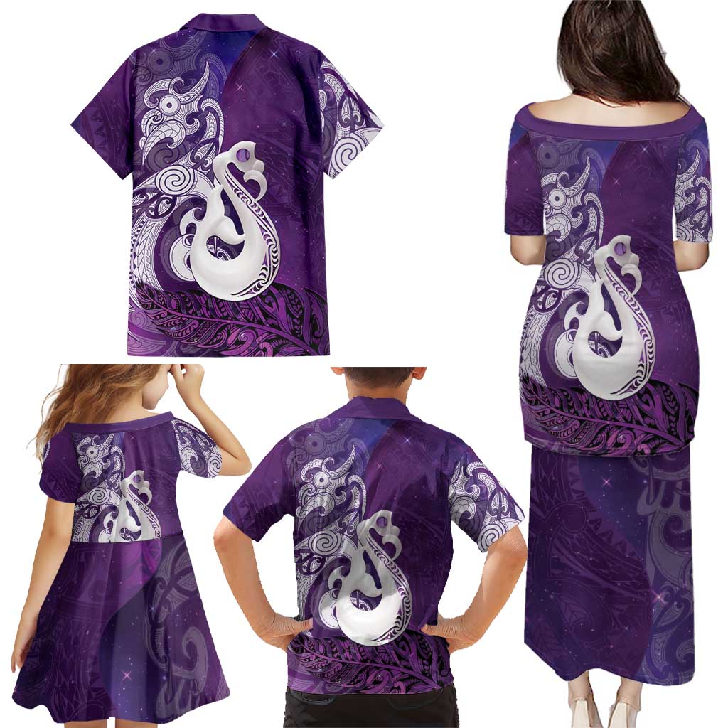 New Zealand Matariki Family Matching Puletasi and Hawaiian Shirt Maori Manaia Galaxy Silver Fern Purple Color LT22 - Polynesian Pride