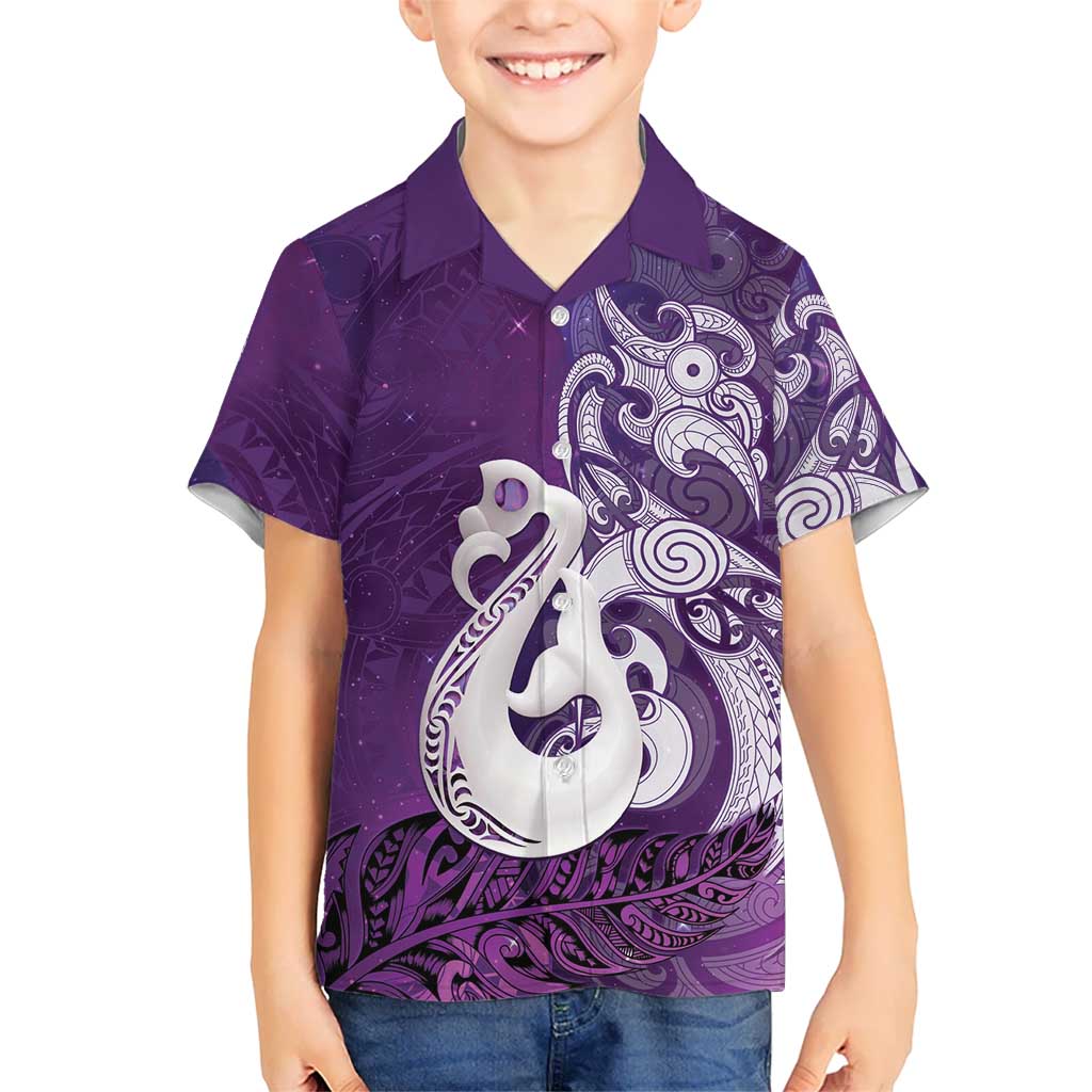 New Zealand Matariki Family Matching Puletasi and Hawaiian Shirt Maori Manaia Galaxy Silver Fern Purple Color LT22 Son's Shirt Purple - Polynesian Pride