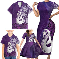 New Zealand Matariki Family Matching Short Sleeve Bodycon Dress and Hawaiian Shirt Maori Manaia Galaxy Silver Fern Purple Color LT22 - Polynesian Pride