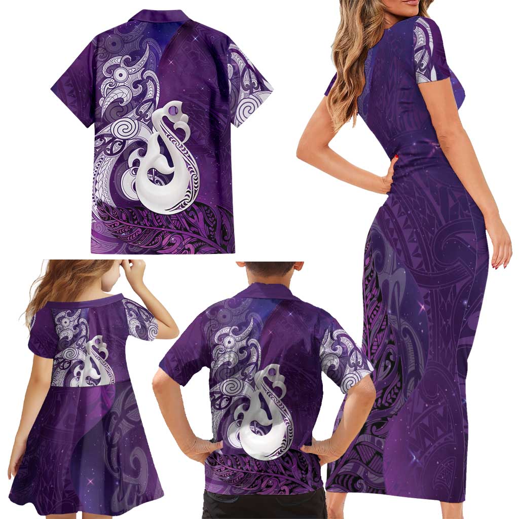 New Zealand Matariki Family Matching Short Sleeve Bodycon Dress and Hawaiian Shirt Maori Manaia Galaxy Silver Fern Purple Color LT22 - Polynesian Pride
