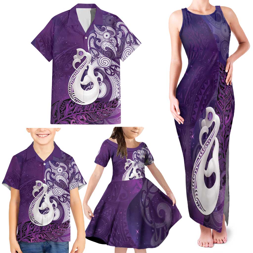 New Zealand Matariki Family Matching Tank Maxi Dress and Hawaiian Shirt Maori Manaia Galaxy Silver Fern Purple Color LT22 - Polynesian Pride