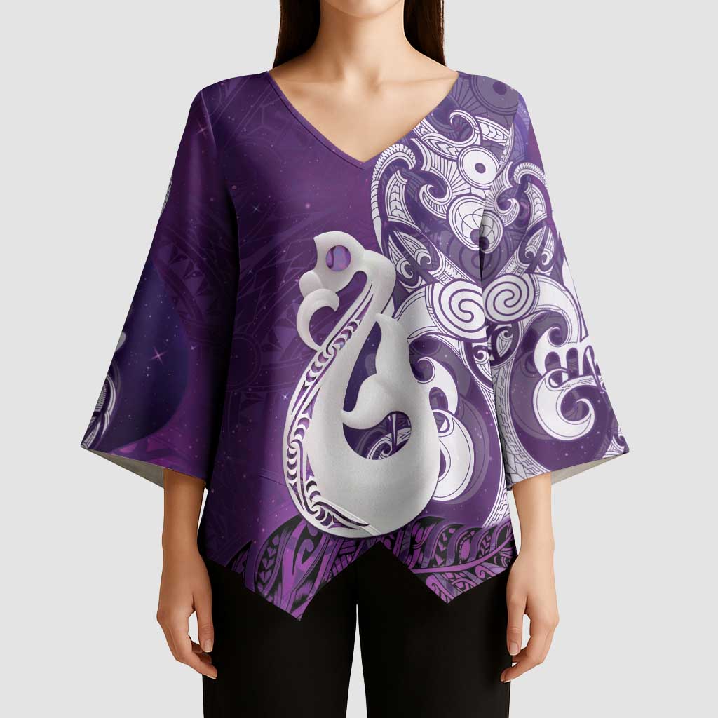New Zealand Matariki Kimono Sleeve Blouse Maori Manaia Galaxy Silver Fern Purple Color LT22 - Polynesian Pride
