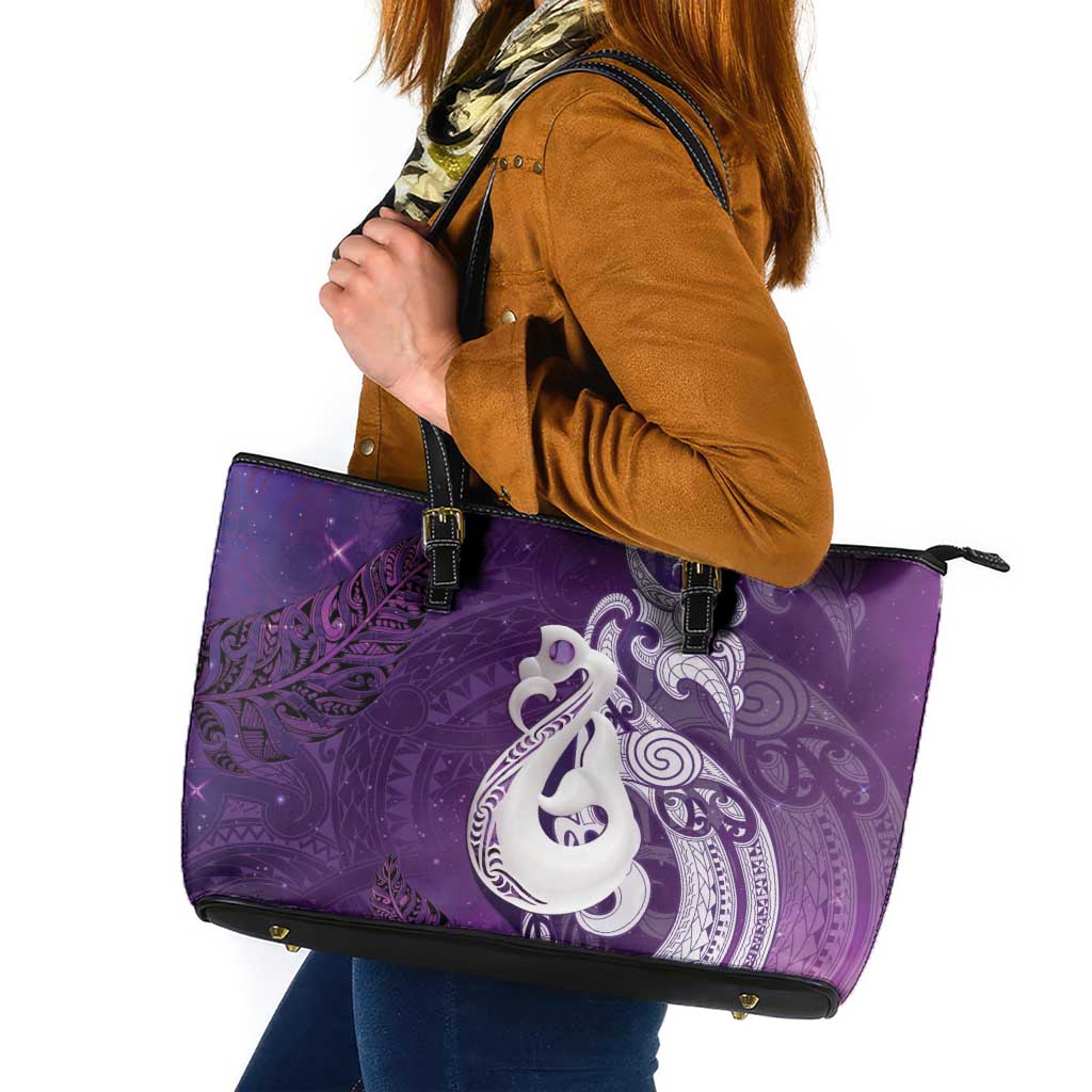 New Zealand Matariki Leather Tote Bag Maori Manaia Galaxy Silver Fern Purple Color LT22 Purple - Polynesian Pride