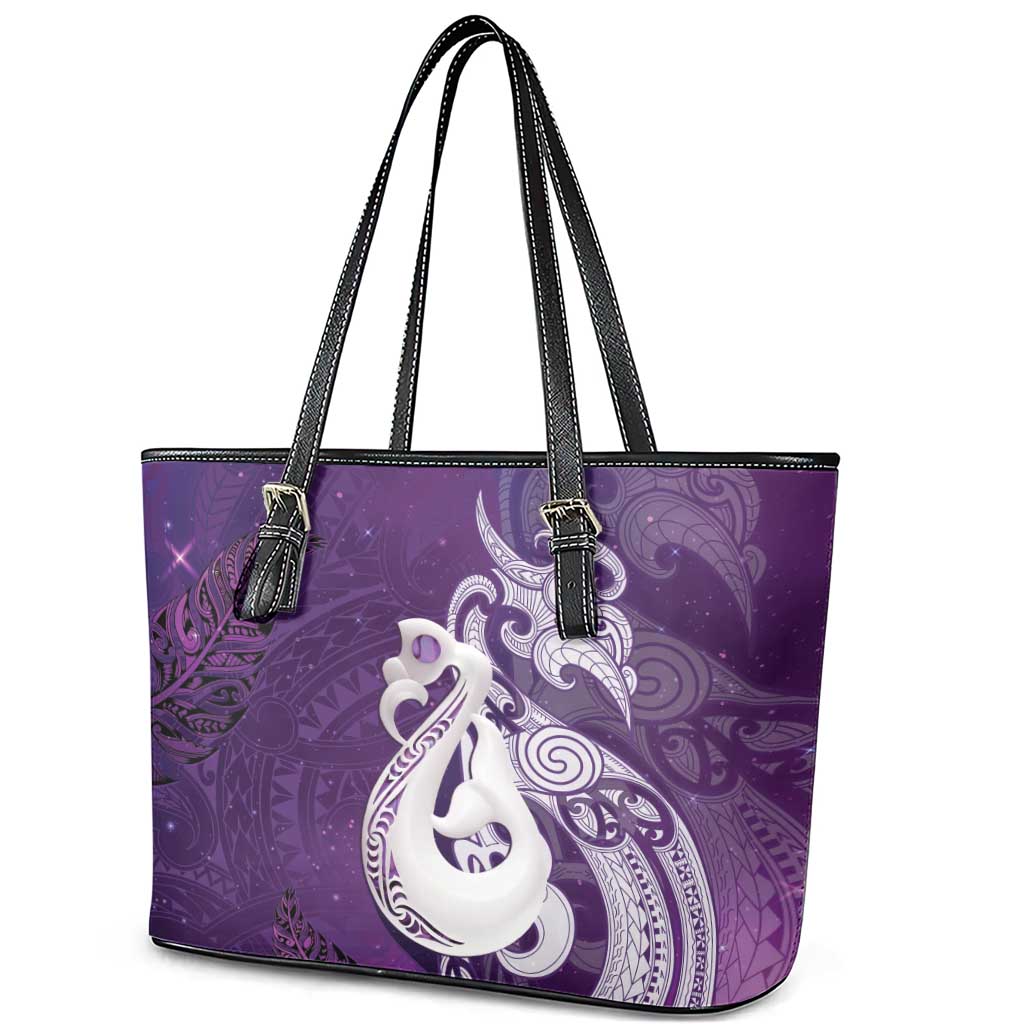 New Zealand Matariki Leather Tote Bag Maori Manaia Galaxy Silver Fern Purple Color LT22 - Polynesian Pride