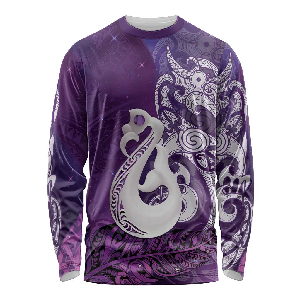 New Zealand Matariki Long Sleeve Shirt Maori Manaia Galaxy Silver Fern Purple Color LT22 Unisex Purple - Polynesian Pride