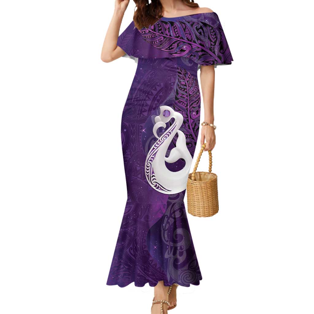 New Zealand Matariki Mermaid Dress Maori Manaia Galaxy Silver Fern Purple Color
