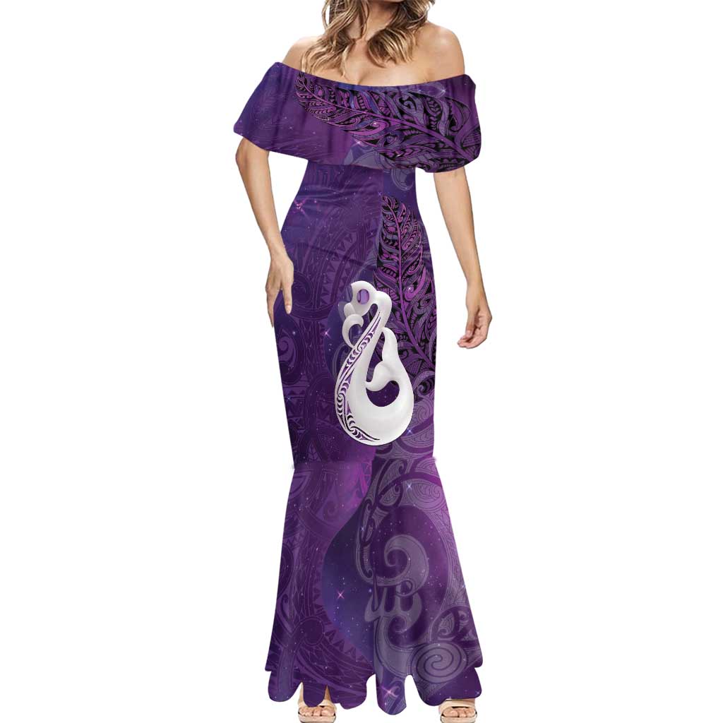New Zealand Matariki Mermaid Dress Maori Manaia Galaxy Silver Fern Purple Color LT22 - Polynesian Pride