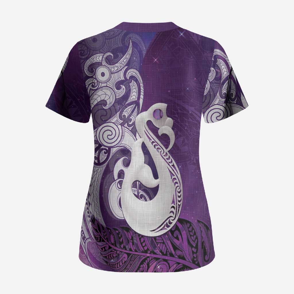 New Zealand Matariki Scrub Top Maori Manaia Galaxy Silver Fern Purple Color