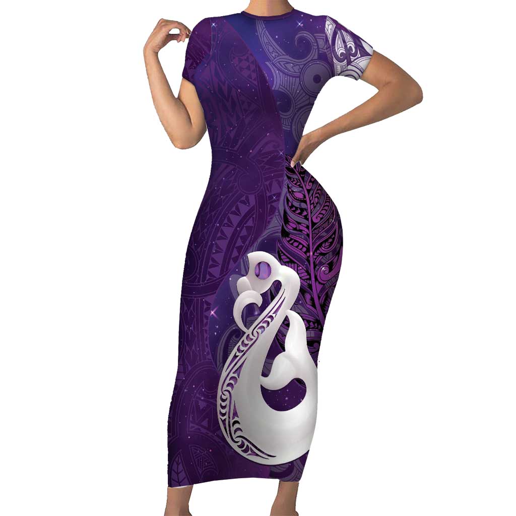 New Zealand Matariki Short Sleeve Bodycon Dress Maori Manaia Galaxy Silver Fern Purple Color