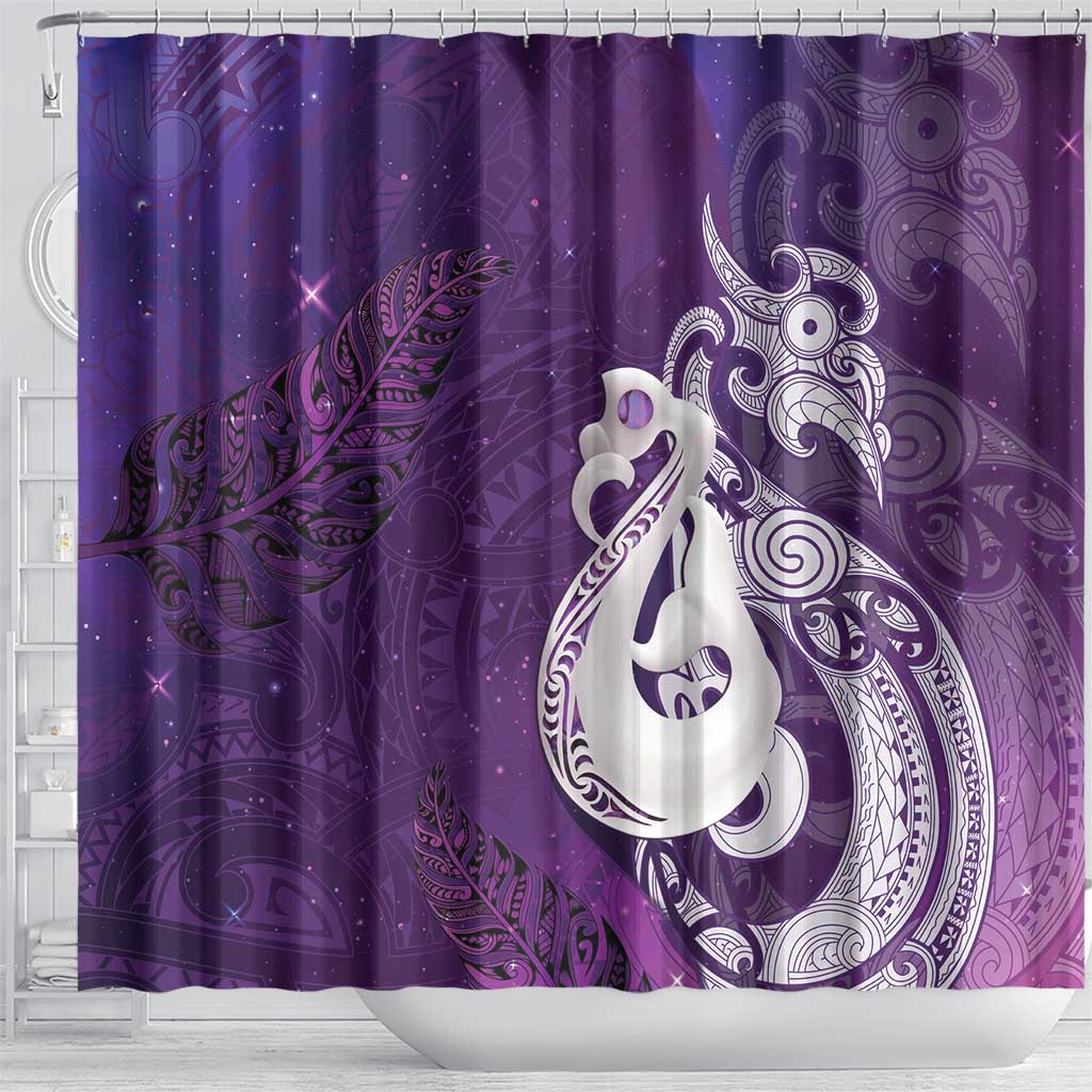 New Zealand Matariki Shower Curtain Maori Manaia Galaxy Silver Fern Purple Color LT22 - Polynesian Pride