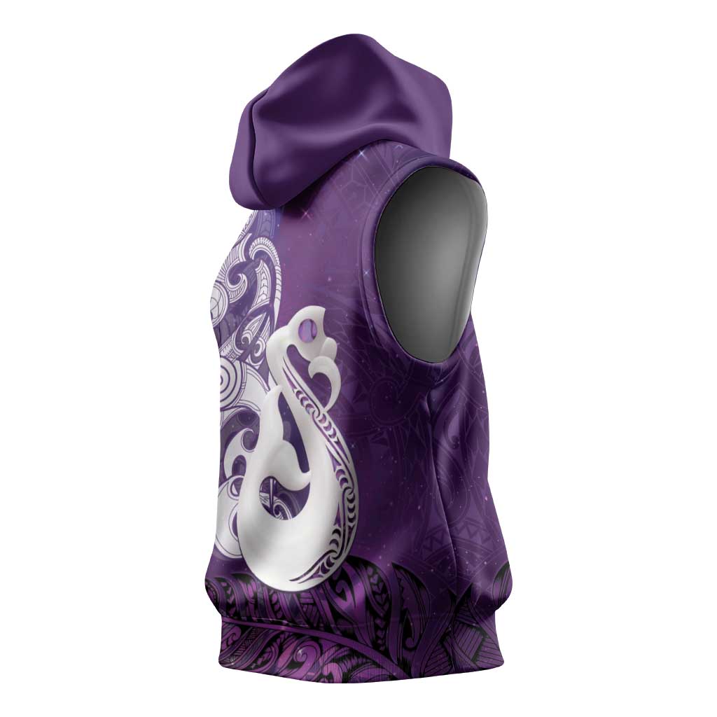 New Zealand Matariki Sleeveless Hoodie Maori Manaia Galaxy Silver Fern Purple Color LT22 - Polynesian Pride