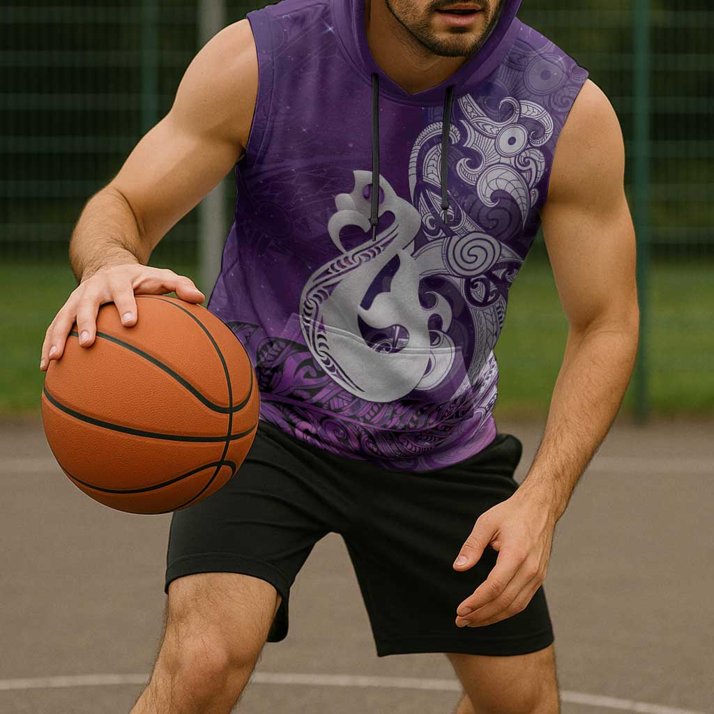 New Zealand Matariki Sleeveless Hoodie Maori Manaia Galaxy Silver Fern Purple Color LT22 - Polynesian Pride
