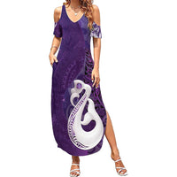 New Zealand Matariki Summer Maxi Dress Maori Manaia Galaxy Silver Fern Purple Color LT22 Women Purple - Polynesian Pride