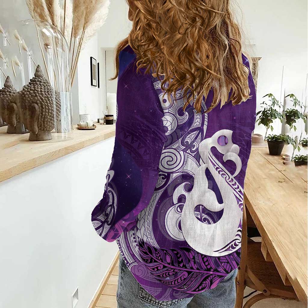 New Zealand Matariki Women Casual Shirt Maori Manaia Galaxy Silver Fern Purple Color